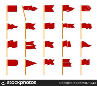 Red flags isolated on white background. Flag set on yellow staves icons vector pictogram set. Red flags on yellow staves icons