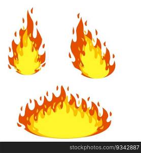 Red flame set. Cartoon flat illustration. Fireman job. Dangerous situation. Fire element. Part of bonfire with heat. Red flame set. Cartoon flat illustration.