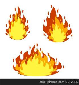 Red flame set. Cartoon flat illustration. Firemans job. Dangerous situation. Fire element. Part of bonfire with heat. Red flame set. Cartoon flat illustration.