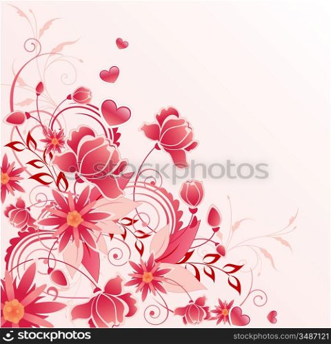 red floral background with flowers, leaves and ornament