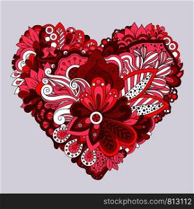 Red floral doodle decorative element in heart shape. Vector illustration. Red floral heart doodle decorative element