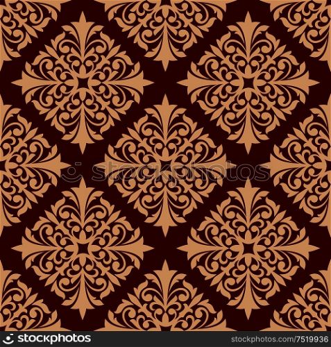Red floral seamless pattern background of beige damask ornament with leaf scroll, flower bud and curlicue. Wallpaper or fabric print design. Floral seamless pattern with damask ornament