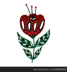 Red flowers in folk style isolated. Scandinavian style. Print, poster design. Vector illustration. Red flowers in folk style isolated. Scandinavian style