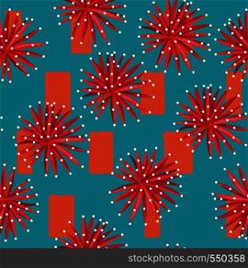 Red flowers seamless pattern. Abstract orange rectangle on the blue background