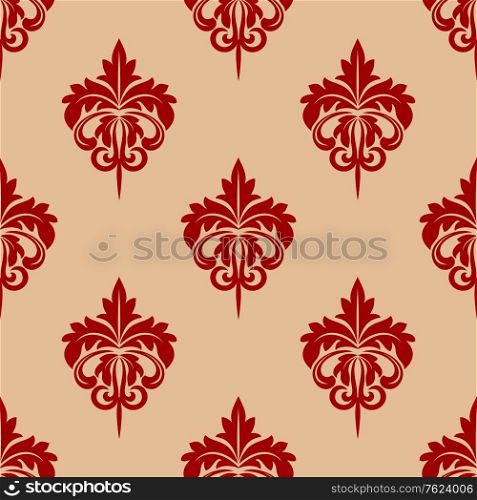 Red foliate seamless arabesque pattern in damask style with a repeat motif in square format suitable for textile and wallpaper. Red foliate seamless arabesque pattern