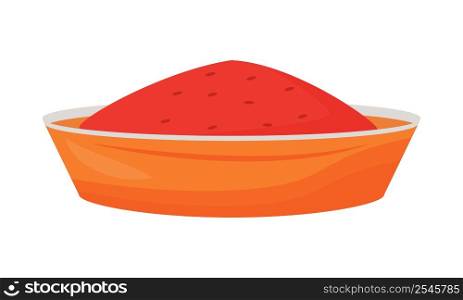 Red food in orange bowl semi flat color vector element. Full sized object on white. Tasty dish. Spicy and savoury course simple cartoon style illustration for web graphic design and animation. Red food in orange bowl semi flat color vector element
