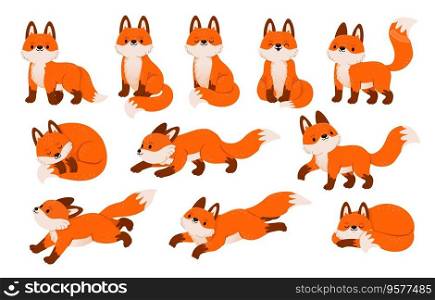 Red fox characters. Cartoon cute foxes in different poses, standing, sleeping, jumping, sitting. Forest wild animal isolated on white background. Vector set. Playful adorable mammal. Red fox characters. Cartoon cute foxes in different poses, standing, sleeping, jumping, sitting. Forest wild animal isolated on white background. Vector set