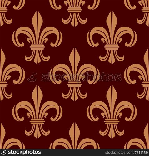 Red french royal seamless vector pattern of vintage fleur-de-lis symbols with elegant beige leaf scrolls. Heraldry background or interior accessories usage. Red vector royal fleur-de-lis seamless pattern
