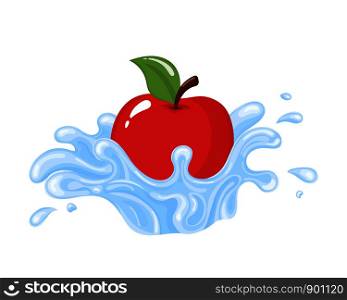 Red fresh apple with water splash isolated on white background. Sweet food. Organic fruit. Vector illustration for any design.