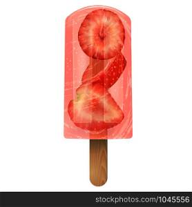 Red Fruit ice cream popsicle with strawberry. Realistic stock transparent vector illustration 3d on white background. Red Fruit ice cream popsicle with strawberry. Realistic transparent vector illustration 3d on white background