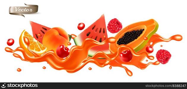 Red fruit juice splash wave. Whole and sliced strawberry, raspberry, cherry, papaya, watermelon, orange in a sweet syrup wave with splashes and drops isolated on transparent background. 3D. Vector.