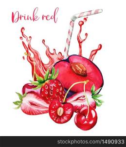 Red fruits and berries composition with red juice splash on background and drawing straw, hand drawn vector watercolor illustration