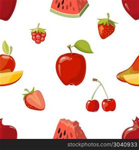 Red fruits seamless pattern over white background. Red fruits seamless pattern over white background. Mango apple and cherry. Vector illustration