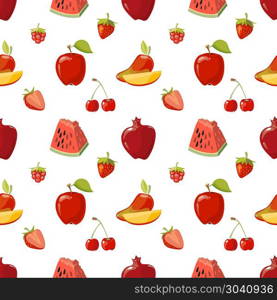 Red fruits seamless pattern over white background. Red fruits seamless pattern over white background. Pomegranate apple and strawberries. Vector illustration