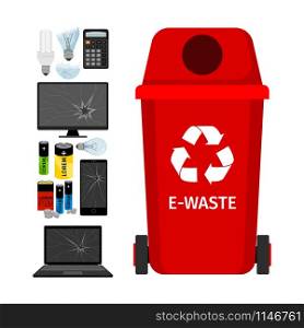 Red garbage can with e-waste elements, vector illustration. Red garbage can with e-waste elements
