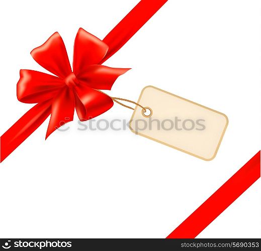 Red gift bow with ribbons and sale label. Vector.