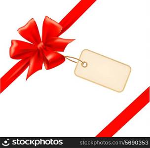 Red gift bow with ribbons and sale label. Vector.