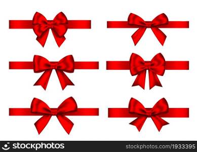 Red gift bows set isolated on white background. Christmas, New Year, birthday decoration. Vector realistic decor element for banner, greeting card, poster.