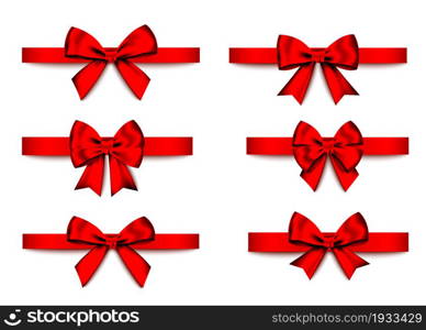 Red gift bows set isolated on white background. Christmas, New Year, birthday decoration. Vector realistic decor element for banner, greeting card, poster.