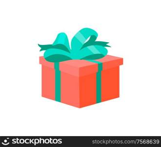 Red gift box decorated by green satin ribbon vector isolated icon. Square shape present, symbol of surprise on shopping, Valentine day and Birthday cardboard. Red Gift Box Decorated Green Satin Ribbon Vector