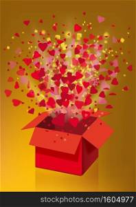 Red gift box open explosion fly hearts and confetti Happy Valentine s day. Red gift box open explosion fly hearts and confetti Happy Valentine s day. Vector illustration template baner poster isolated. Gold background