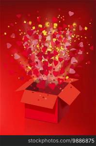 Red gift box Open explosion fly hearts and confetti Happy Valentine s day. Red gift box Open explosion fly hearts and confetti Happy Valentine s day. Vector illustration template baner poster isolated. Red background