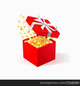 Red Gift Box with golden confetti. Open red box with white bow. Christmas Background. Vector Illustration.. Red Gift Box with golden confetti. Open red box with white bow. Christmas Background.