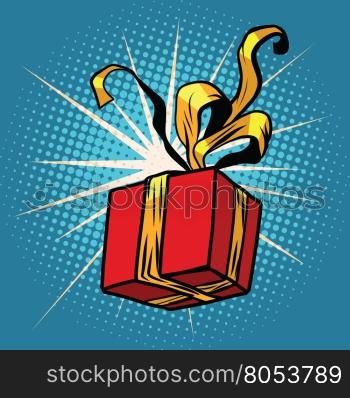 Red gift box with Golden ribbons, pop art retro vector illustration