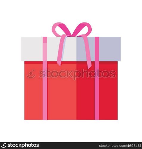 Red Gift Box with Pink Ribbon. Single red gift box with pink ribbon in flat design. Beautiful present box with overwhelming bow. Gift box icon. Gift symbol. Christmas gift box. Isolated vector illustration