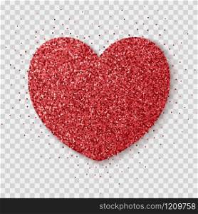 Red glitter heart isolated on a transparent background. Bright glowing festive sequins and sparkles. Realistic Valentine&rsquo;s Day vector illustration.. Red glitter heart isolated on a transparent background. Bright glowing festive sequins and sparkles.