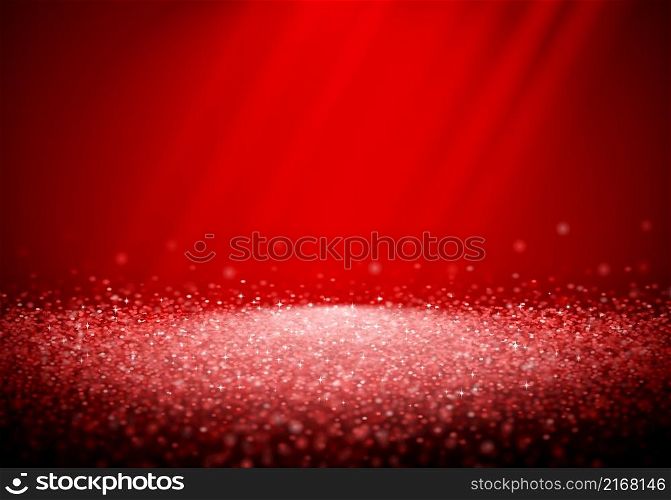 Red glitter retro background with abstract shiny light rays in the darkness of red backdrop