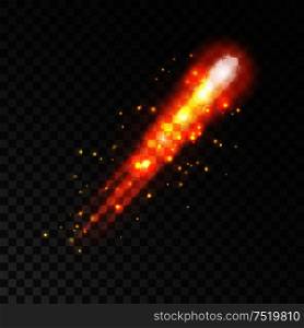 Red glittering comet tail. Fire light sparks. Shining firework trace with glitter particles on transparent background. Red glittering comet fire light sparks
