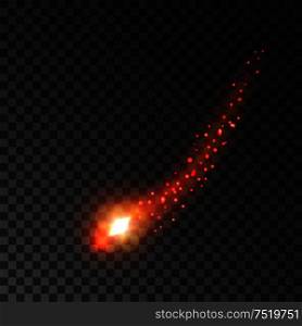 Red glittering comet with sparkling light trail. Shining firework falling spark trace with glitter particles on transparent background. Red glittering comet light trail
