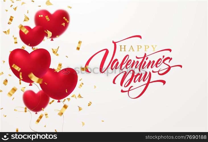 Red glittering heart shape balloons with gold glittering confetti inscription Happy Valentines Day isolated on white backgroundVector illustration EPS10. Red glittering heart shape balloons with gold glittering confetti inscription Happy Valentines Day isolated on white backgroundVector illustration