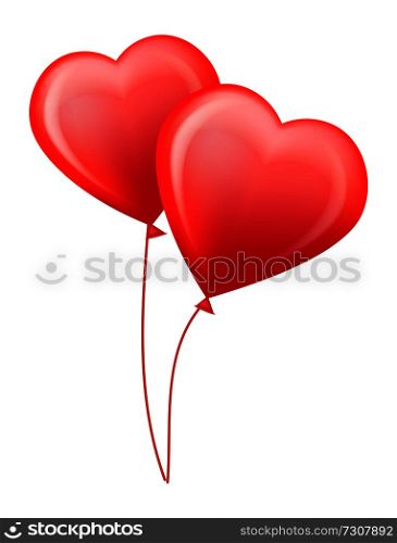 Red glossy helium balloons in shape of big hearts on thin threads for Valentines day isolated cartoon flat vector illustration on white background.. Red Glossy Helium Balloons in Shape of Hearts