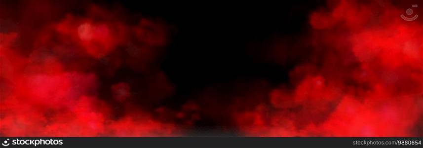 Red glowing smoke cloud with overlay effect on dark transparent background. Realistic vector illustration of bloody smoky mist or chemical toxic haze. Mystery dramatic creepy bloody steam or fog.. Red glowing smoke cloud with overlay effect