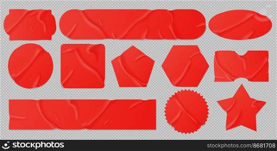 Red glued stickers or crumpled paper patches mockup. Blank shrunken labels of different shapes round, square, star, stripe and rectangle wrinkled emblems with curve edges, Realistic 3d vector set. Red glued stickers, crumpled paper patches mockup