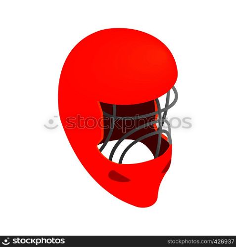 Red goalkeeper hockey helmet with metal protect visor. Isometric 3d icon on a white . Goalkeeper hockey helmet isometric icon
