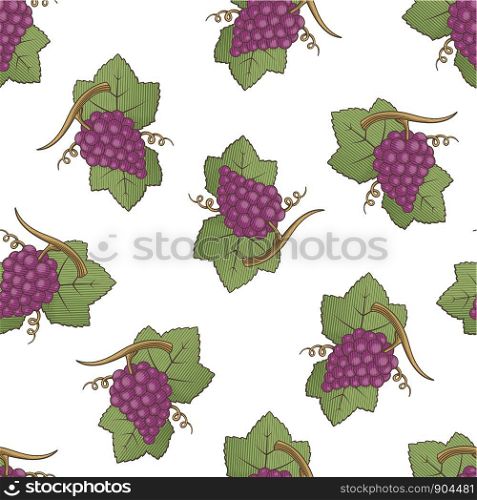 Red grapes with leaves colored illustration seamless pattern background with engraving shading.