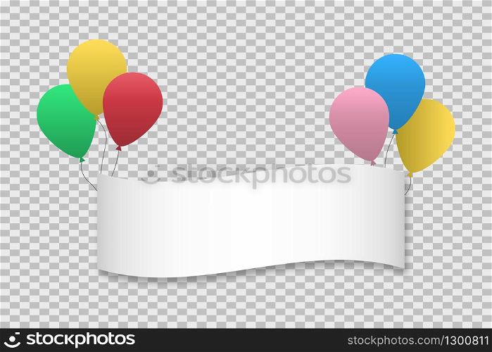 Red, green, blue, yellow, pink balloons with banner on transparent background. Vector EPS 10