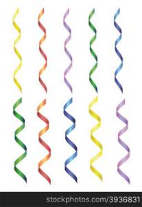 Red, green, yellow, blue shiny curling ribbons or party serpentine. Vector illustration