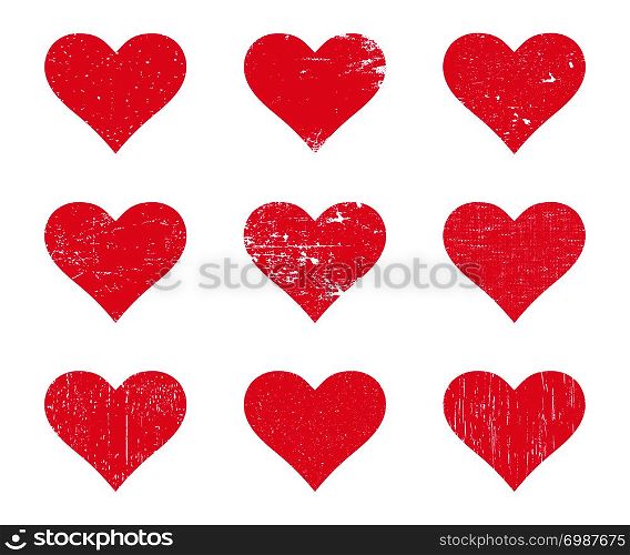 Red grunge hearts. Distressed texture heart set. Vector illustration.. Red grunge hearts. Distressed texture heart set