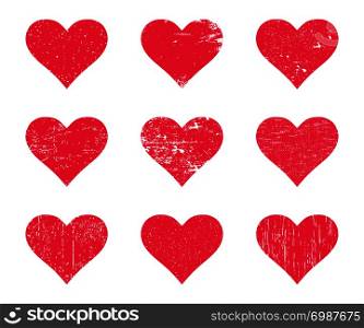 Red grunge hearts. Distressed texture heart set. Vector illustration.. Red grunge hearts. Distressed texture heart set