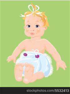 Red hair Baby Girl dressing pampers isolated on green background