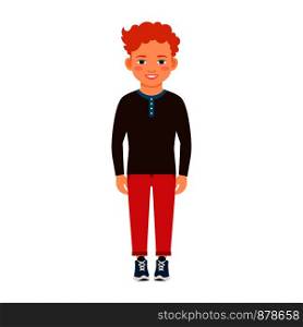 Red hair boy in a brown shirt isolated vector illustration on white background. Red hair boy in brown shirt