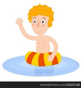 Red hair Child learns to swim. Funny Boy play in water. Flat cartoon.. Boy with swimming ring. Element of summer