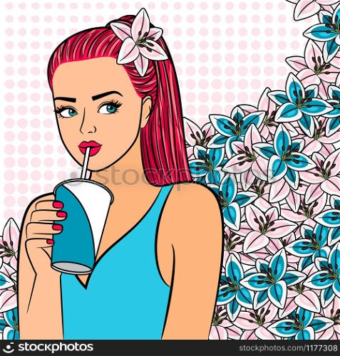 Red hair cute girl with cup of drink. Spring, summer floral background and young woman, vector illustration. Red hair girl with cup of drink