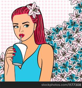 Red hair cute girl with cup of drink. Spring, summer floral background and young woman, vector illustration. Red hair girl with cup of drink