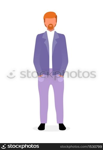Red haired bearded man flat vector illustration. Confident guy in formal suit with hands in pocket. Stylish businessman in office style menswear. Male fashion model. Top manager cartoon character