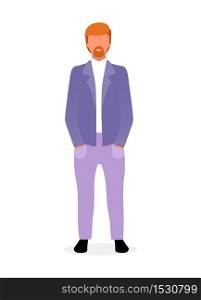 Red haired bearded man flat vector illustration. Confident guy in formal suit with hands in pocket. Stylish businessman in office style menswear. Male fashion model. Top manager cartoon character